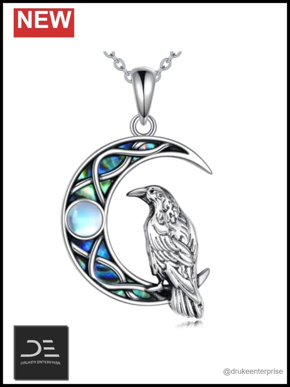 925 Sterling Silver Raven Wolf Necklace Moonstone Abalone Pendant Jewelry